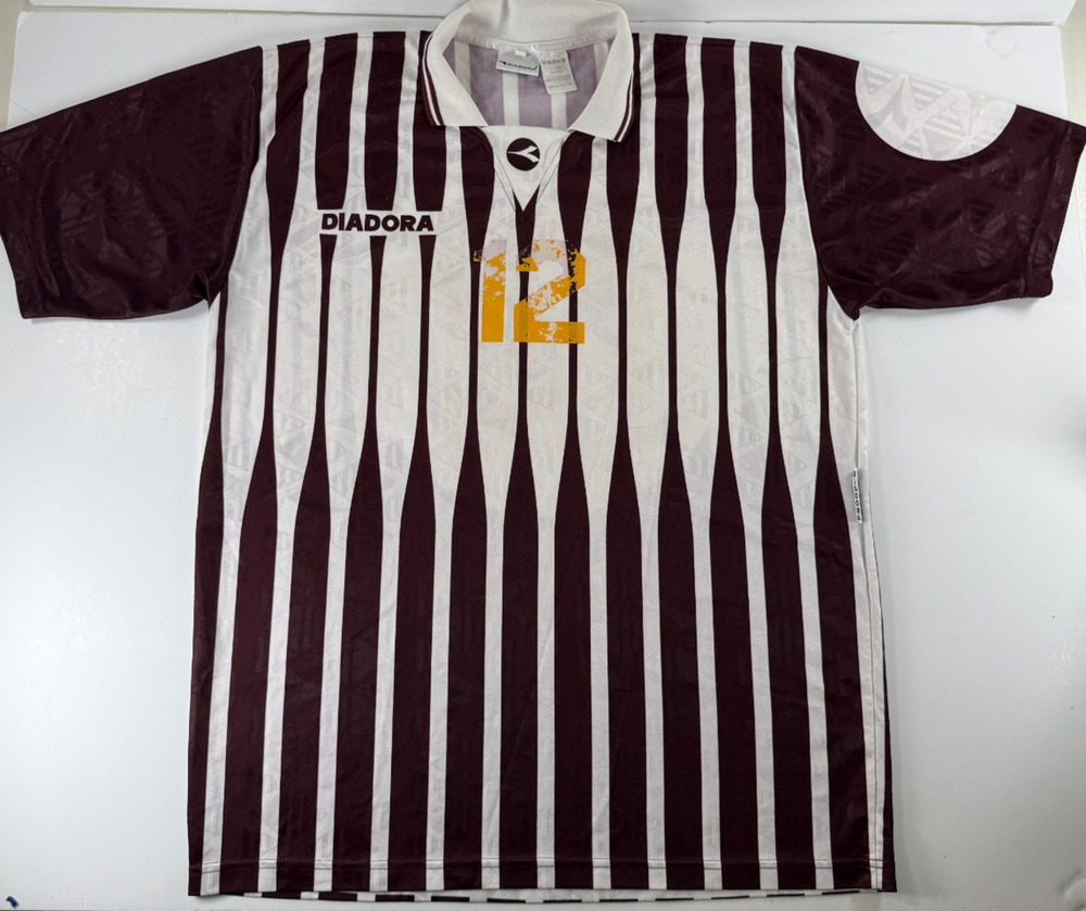Diadora Soccer Jersey Mens XL Burgundy White Striped #12 Short Sleeve Vintage